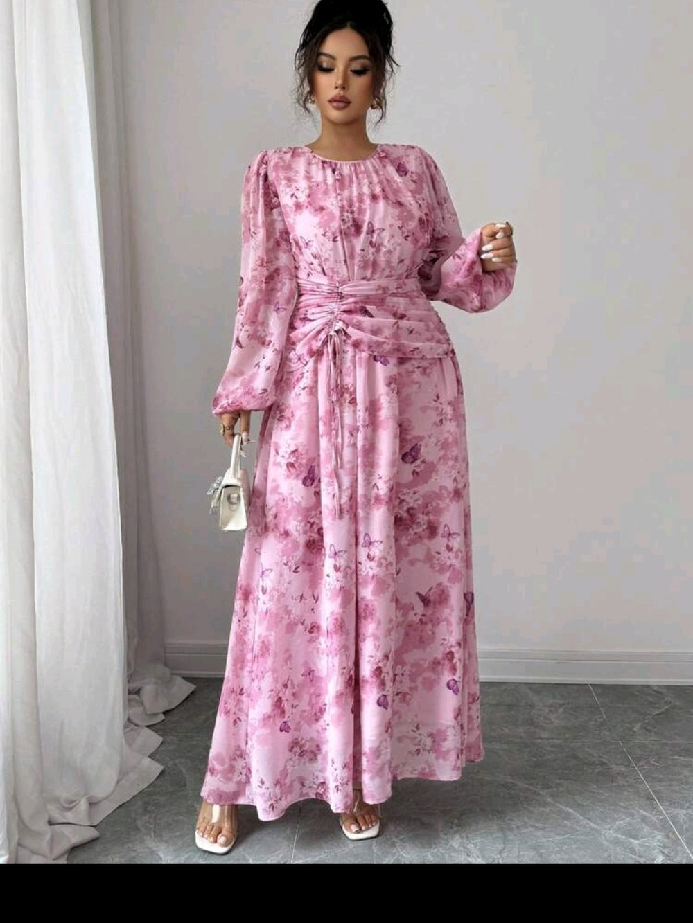 SHEIN Pink Floral Long Sleeve Maxi Dress with Waist Tie